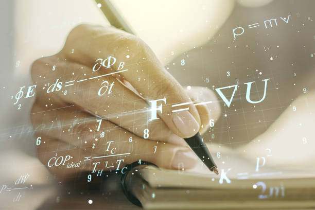 istock Creative scientific formula illustration with woman hand writing in diary on background, science and research concept. Multiexposure 1215650389