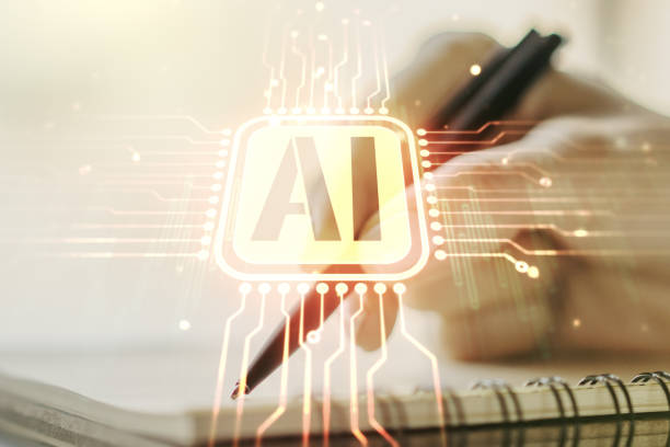 istock Double exposure of creative artificial Intelligence abbreviation with woman hand writing in notepad on background. Future technology and AI concept 1215650648