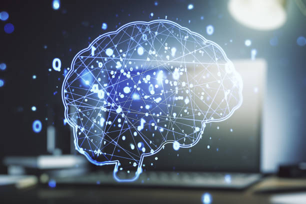 istock Double exposure of creative artificial Intelligence symbol with modern laptop on background. Neural networks and machine learning concept 1215650812