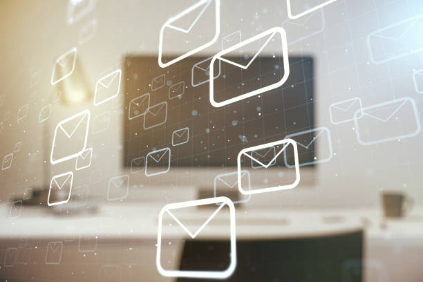 istock Creative abstract postal envelopes sketch on modern laptop background, e-mail and marketing concept. Double exposure 1215651577