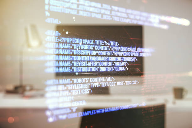 Software developer programming code on computer. Abstract computer script source code.