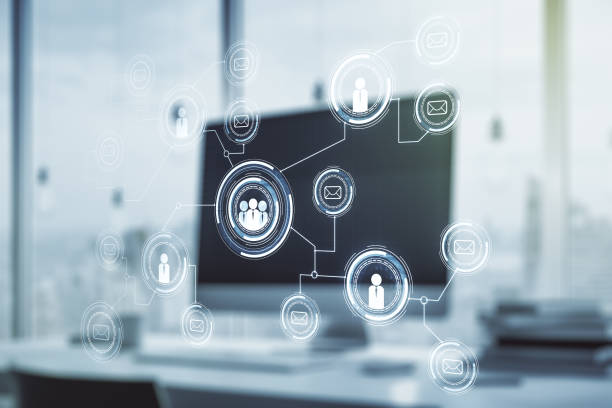 istock Social network media concept with modern computer on background. Double exposure 1215651633