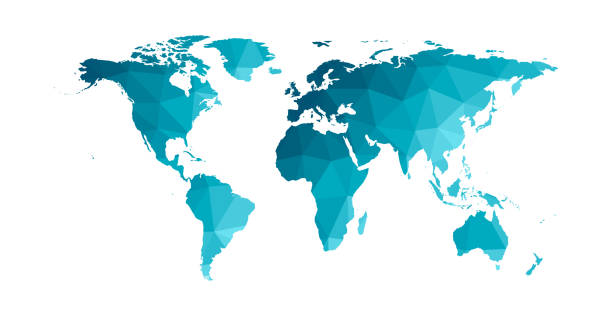 Vector isolated simplified world map. Blue gradient silhouettes, white background. Low poly style. Continents of South and North America, Africa, Europe and Asia, Australia, Indonesian islands Vector isolated simplified world map. Blue gradient silhouettes, white background. Low poly style. Continents of South and North America, Africa, Europe and Asia, Australia, Indonesian islands. flat country stock illustrations