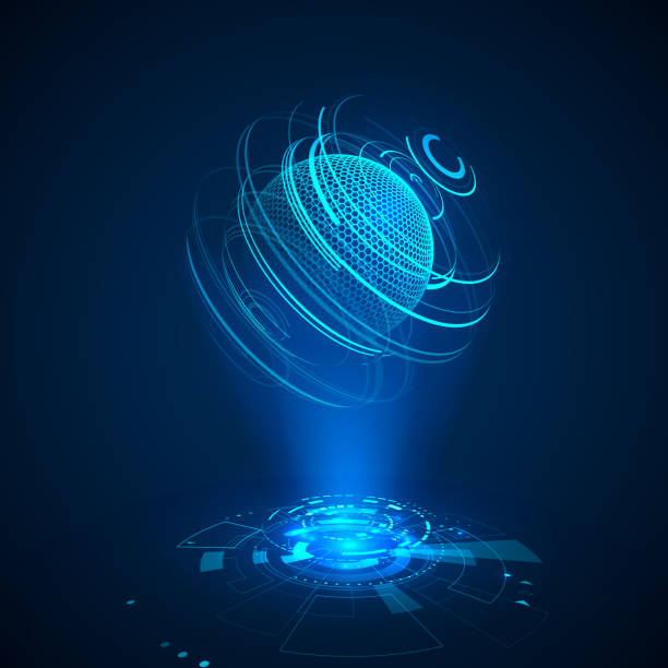 ilustrações de stock, clip art, desenhos animados e ícones de futuristic 3d radar. hologram of abstract planet with speed lines. sci-fi blue background. vr interface illustration or hud element. vector - virtual reality simulator