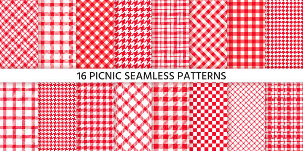 Picnic tablecloth seamless pattern. Vector illustration. Set red checkered prints. Picnic tablecloth seamless pattern. Red gingham backgrounds. Vector. Plaid cloth napkin textures. Set checkered kitchen prints. Retro wallpaper with check square glen houndstooth. Color illustration kitchen patterns stock illustrations