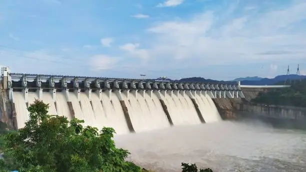 Photo of Sardar sarovar dam, Narmada district, Gujarat, india - Sep 21, 2019: Dam is overflow in monsoon time one of the biggest dam in india situated in Satpura mountain range supply water to many states of india throughout the year.