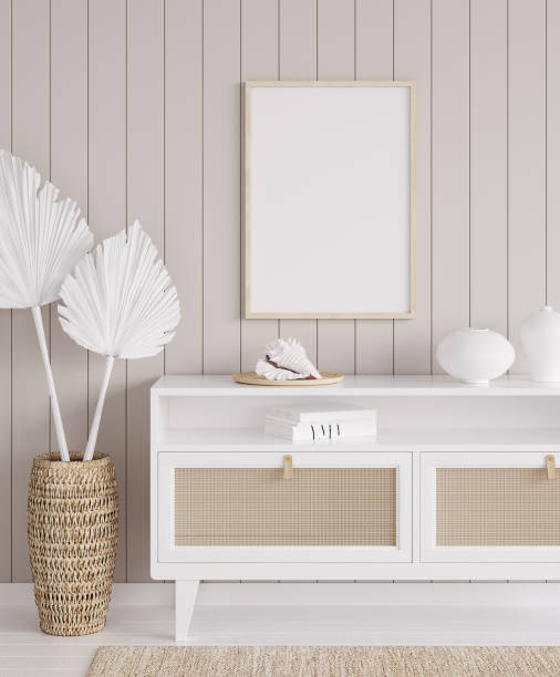 istock Mock up frame in cozy coastal home interior background 1215656167