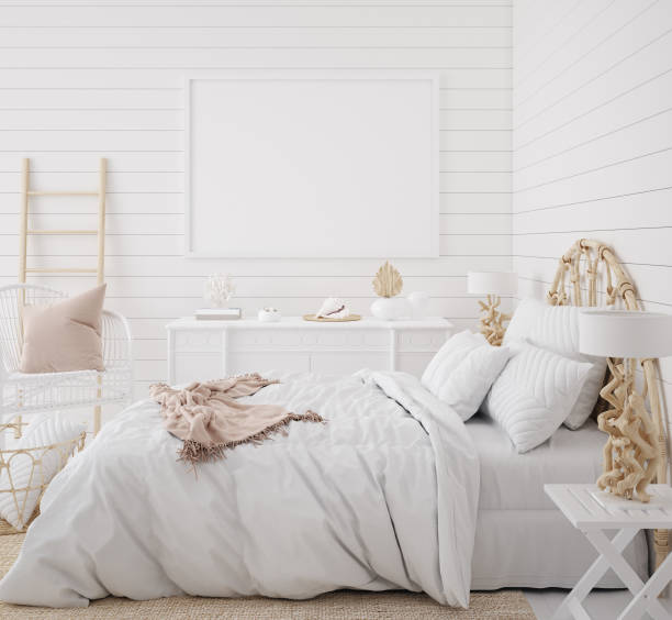 istock Mockup frame in bedroom interior background, Coastal boho style 1215656169