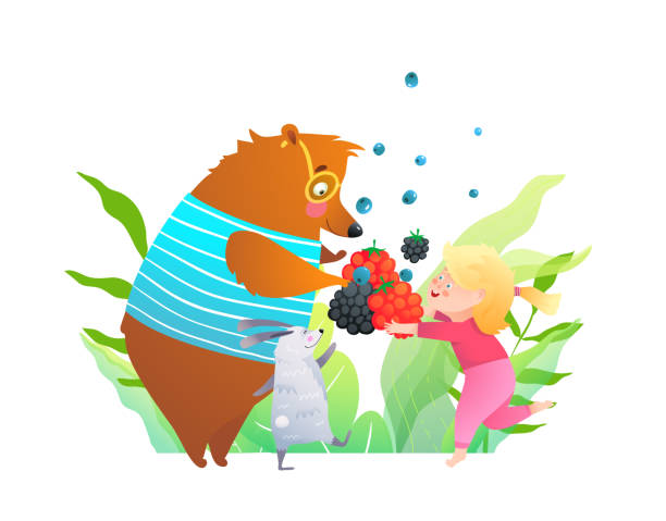 Wild Animals And Little Girl Friends Holding Berries Eating Fruits In  Nature Forest Artistic Hand Drawn Kids Cartoon Illustration Stock  Illustration - Download Image Now - iStock