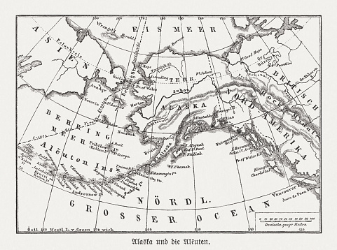 Historical map of Alaska and the Aleutian Islands. Wood engraving, published in 1893.
