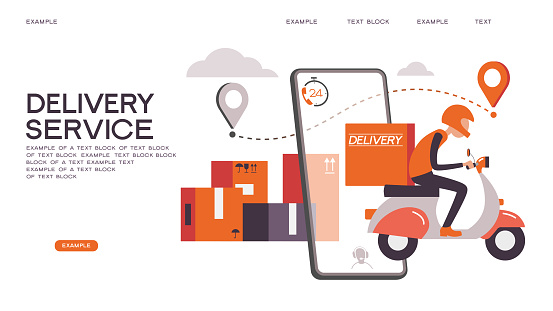 Fast delivery by bike via mobile phone. Ecommerce concept. Online shopping. Online delivery service concept. Online order tracking. City logistics. Vector illustration