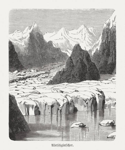 ilustrações, clipart, desenhos animados e ícones de geleira aletsch, bernese alpes, suíça, gravura em madeira, publicada em 1893 - glacier mountain ice european alps