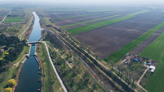 Aerial from naviduct Krabbersgat near Enkhuizen in the Netherlands, between the Markermeer and the IJsselmeer. A naviduct is a combination of an aqueduct and a sluice or sluice.
