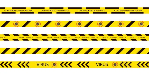 Vector illustration of Warning stripes. Virus and coronavirus warning sigh.  Stop stripes. Restricted area because of danger. Hazard border sign. Epidemic situation line. Do not cross. Vector EPS 10