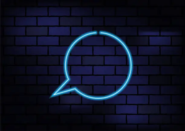 Vector illustration of Speech Bubble Sign Blue Neon Light On Dark Brick Wall