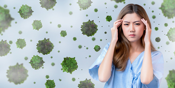 sick virus flu infection asian female surround with floating virus and dirty dust air pollution around bad health ideas concept banner size