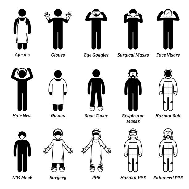Medical healthcare PPE personal protection equipment gears. Vector artwork of man wearing gloves, eye goggles, face visor shield, hair net, gown,  respirator mask, surgical mask, N95, and hazmat suit. signs and symbols stock illustrations