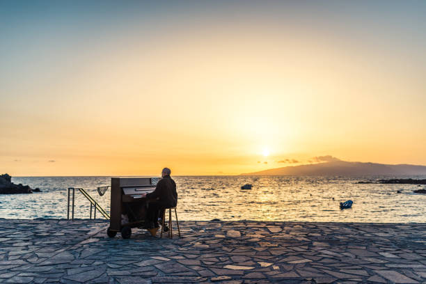 suonare un pianoforte di fronte all'oceano - piano men pianist musician foto e immagini stock