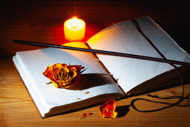 istock Image of open magic book, wand and burning candle 1215668687