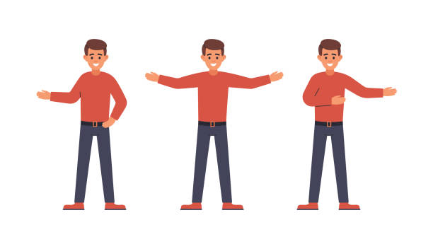 Caucasian handsome man in casual clothes with different hands poses. Caucasian handsome man in casual clothes with different hands poses. Male cartoon character with open arms. Vector illustration in cartoon style. person stretching stock illustrations