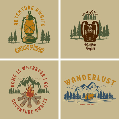 Set of  Vintage poster designs with mountains, forest silhouettes, campfire, tourist backpack. For poster, banner, emblem, sign. Vector illustration