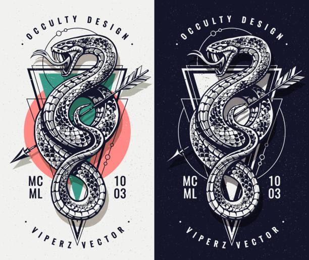 Occult Design With Snake and Geometrics Occult Design With Snake and Geometric Shapes. Snake with open mouth wild keeps arrow. Sacred geometry on the background. Vector art. viper stock illustrations