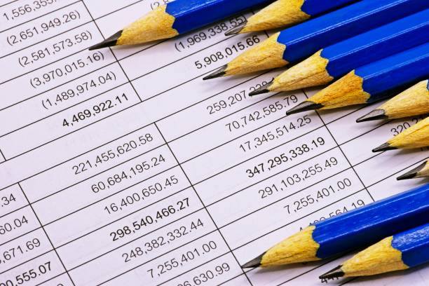 sharp blue pencils on financial statement. - mathematical symbol mathematics pencil sharp imagens e fotografias de stock