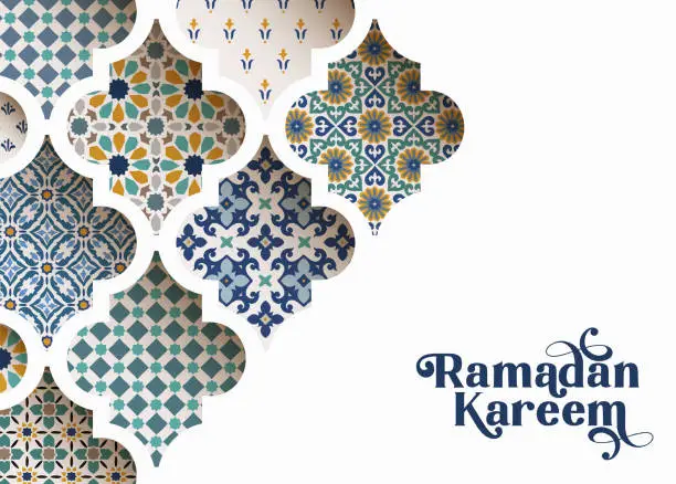 Vector illustration of Close-up of colorful ornamental arabic tiles, patterns through white mosque window. Greeting card, invitation for Muslim holiday Ramadan Kareem. Vector illustration bacground, modern web banner.