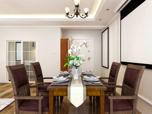 Red and white dining room with hardwood floor. View of table set and window bench with pillows