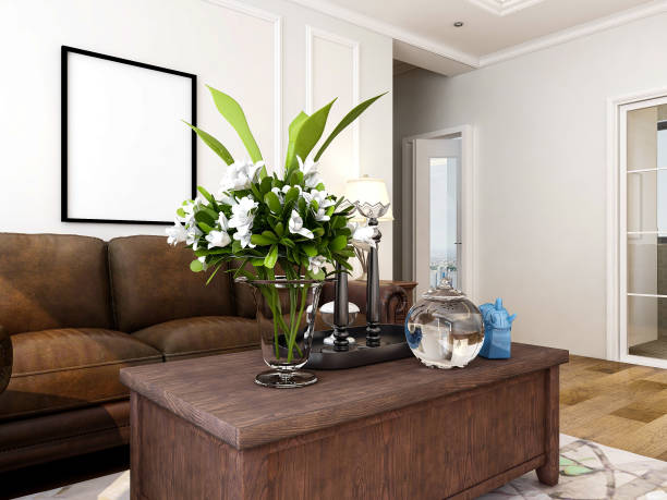 istock American-style design living room with dining table, projector, sofa, coffee table, etc. 1215674805