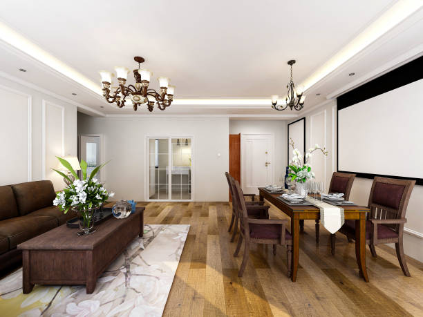 istock American-style design living room with dining table, projector, sofa, coffee table, etc. 1215674814