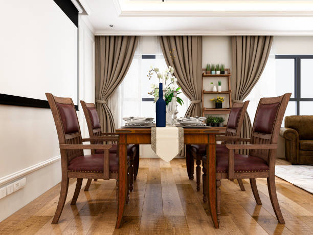 istock American-style design living room with dining table, projector, sofa, coffee table, etc. 1215674819