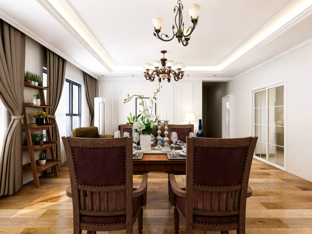 istock American-style design living room with dining table, projector, sofa, coffee table, etc. 1215674823