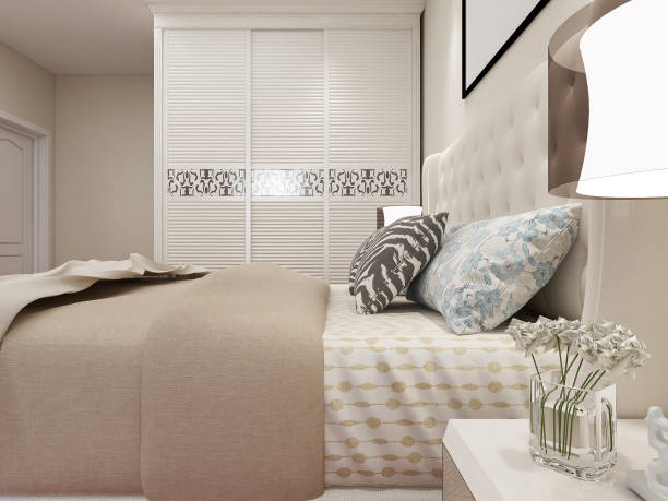 3d-rendering, elegantes und geräumiges schlafzimmer-design der modernen wohnung, mantelschrank neben dem großen bett, - blinds showcase interior home decorating window stock-fotos und bilder