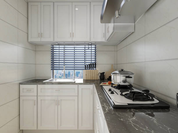 istock 3D rendering,Modern family kitchen design, new cabinets and kitchenware with refrigerators, sunlight from the window. 1215676689