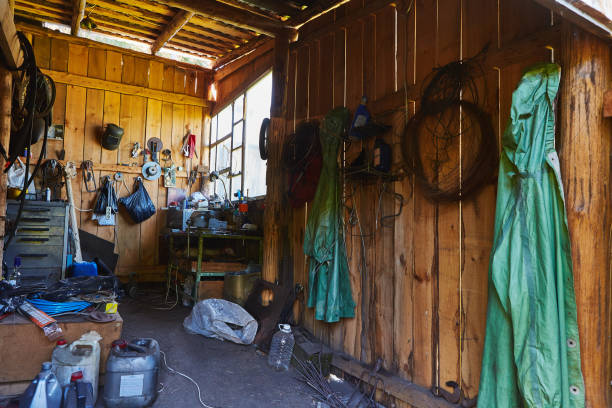 istock Workshop shed garage with toold for repare and atv inside 1215677070