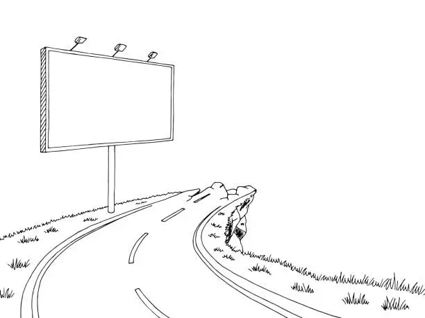 Vector illustration of Cliff destroyed road billboard graphic black white landscape sketch illustration vector