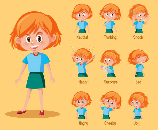 istock Set of cute girl with different expressions on her face 1215677388