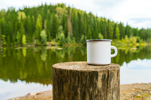 White campfire enamel coffee mug mockup witn the tree stump and river bank view. Empty mug mock up for design promotion.
