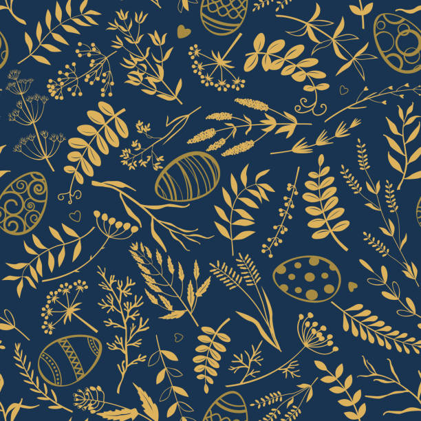 ilustrações de stock, clip art, desenhos animados e ícones de easter background. easter eggs, twigs, herbs and flowers on dark blue background. - craft equipment material spiral