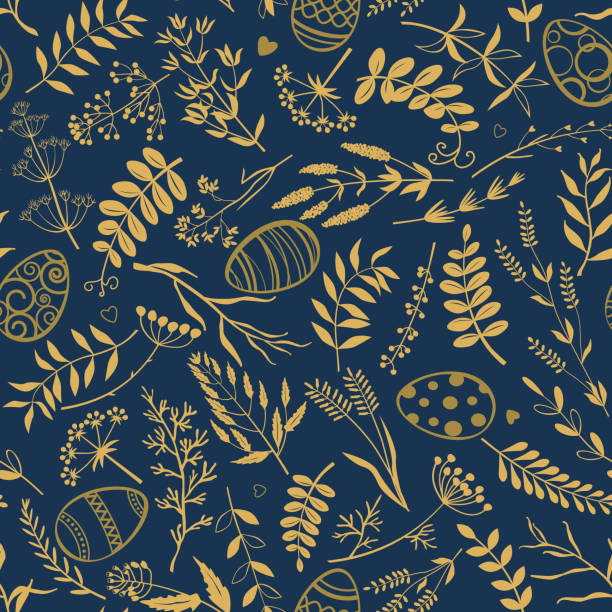 Easter background. Easter eggs, twigs, herbs and flowers on dark blue background. Vector seamless pattern. easter patterns stock illustrations