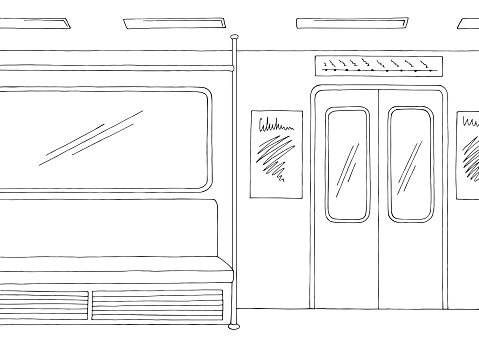 Train interior graphic metro subway black white sketch illustration vector