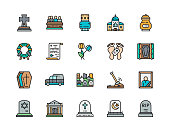 Set of Funeral Flat Color Line Icons. Church, Crypt, Tomb House, Funeral Ceremony and more.