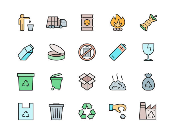 ilustrações de stock, clip art, desenhos animados e ícones de set of garbage color line icons. waste factory, trash truck, container and more. - toxic substance spilling pouring bottle