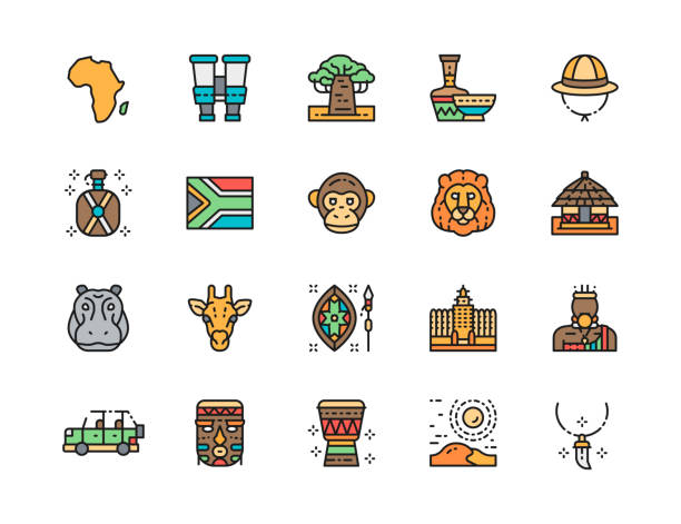 ilustrações de stock, clip art, desenhos animados e ícones de set of africa flat color line icons. tooth pendant, binoculars, pottery, animals and more. - africa south africa african culture plain