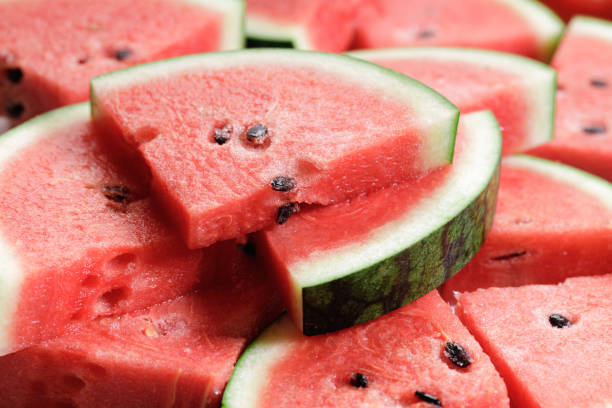 istock Pieces of fresh Watermelon on white background 1215687755