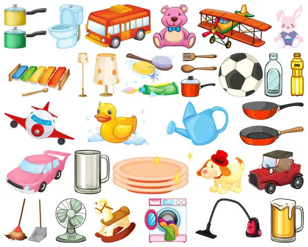 Vector illustration of Large set of household items and toys on white background