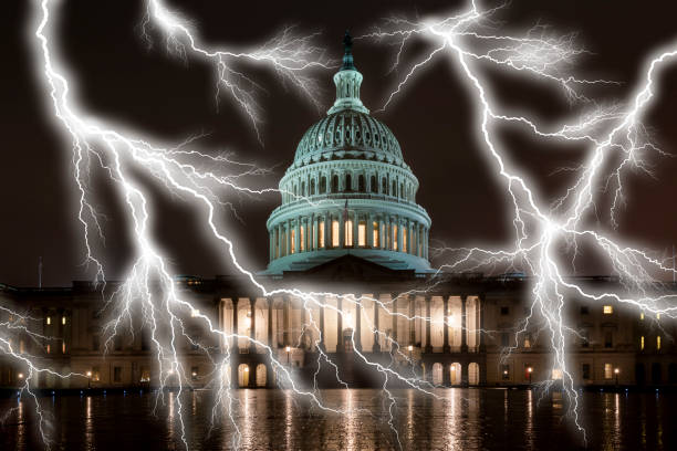 istock lightning on Washington DC Capitol view at night 1215688888