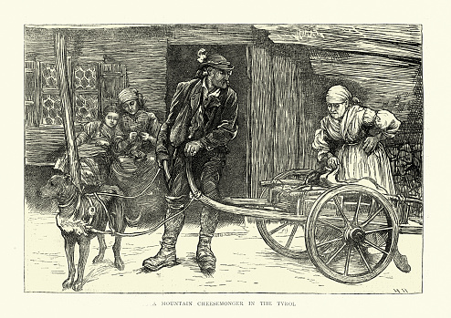 Vintage engraving of a Mountain cheesemonger selling cheese from a dog cart, Tyrol, Austria, 1872, 19th Century