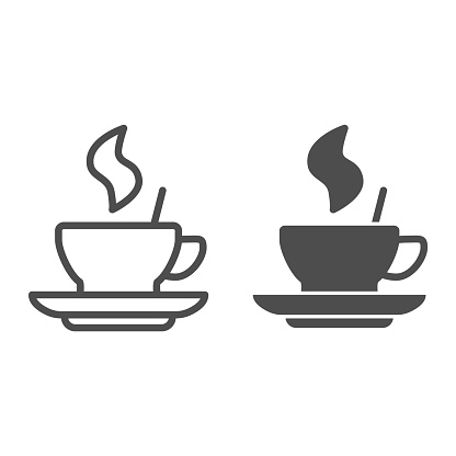 Hot coffee in a cup on saucer line and solid icon. Mug with drink and steam symbol, outline style pictogram on white background. Caffeine or cafe sign for mobile concept, web design. Vector graphics